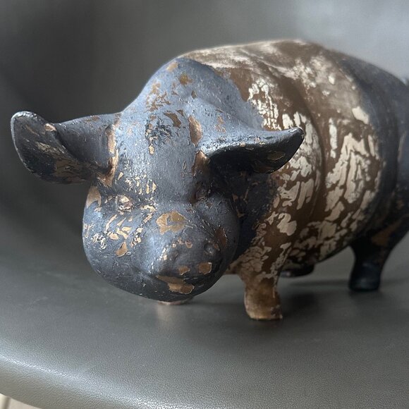 Large 12" Bisque Porcelain Pig Sculpture. Gold Leaf Gilding. Charcoal Grey Paint - Picture 2 of 9